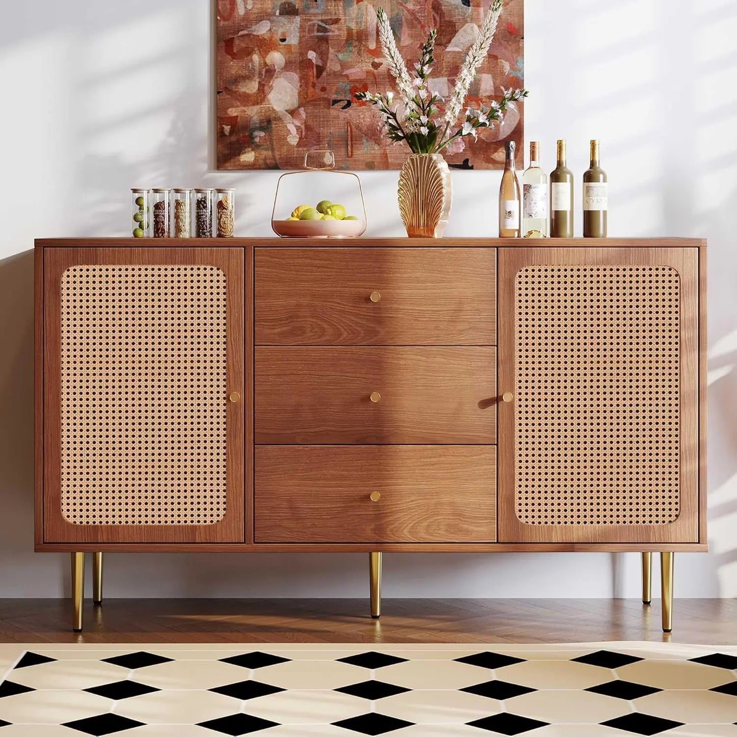 Stylish Walnut Rattan Sideboard Cabinet with 2 Doors, 3 Drawers, and Adjustable Shelf - Perfect for Your Living Room!