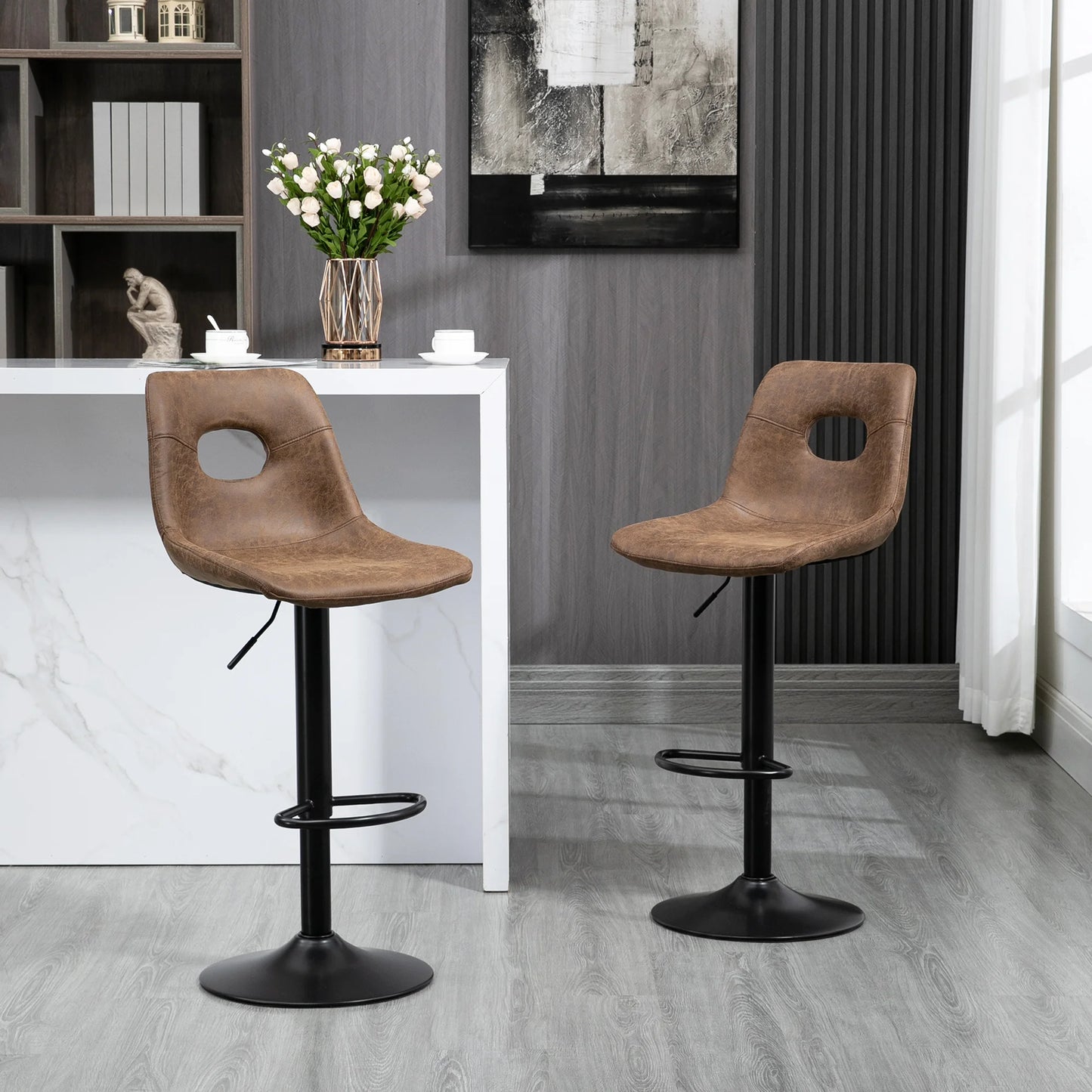 Stylish Set of 2 Adjustable Retro Bar Chairs in Brown Leather with Swivel Design
