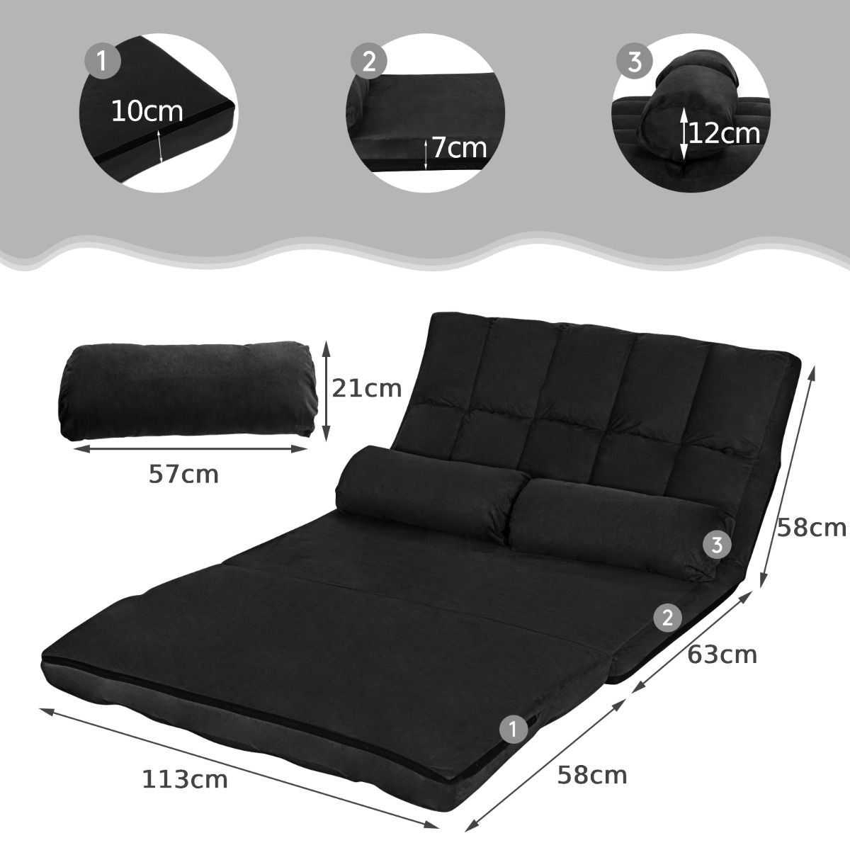 2 in 1 Folding Floor Lazy Sofa Bed with 6 Adjustable Seat Positions and 2 Pillows