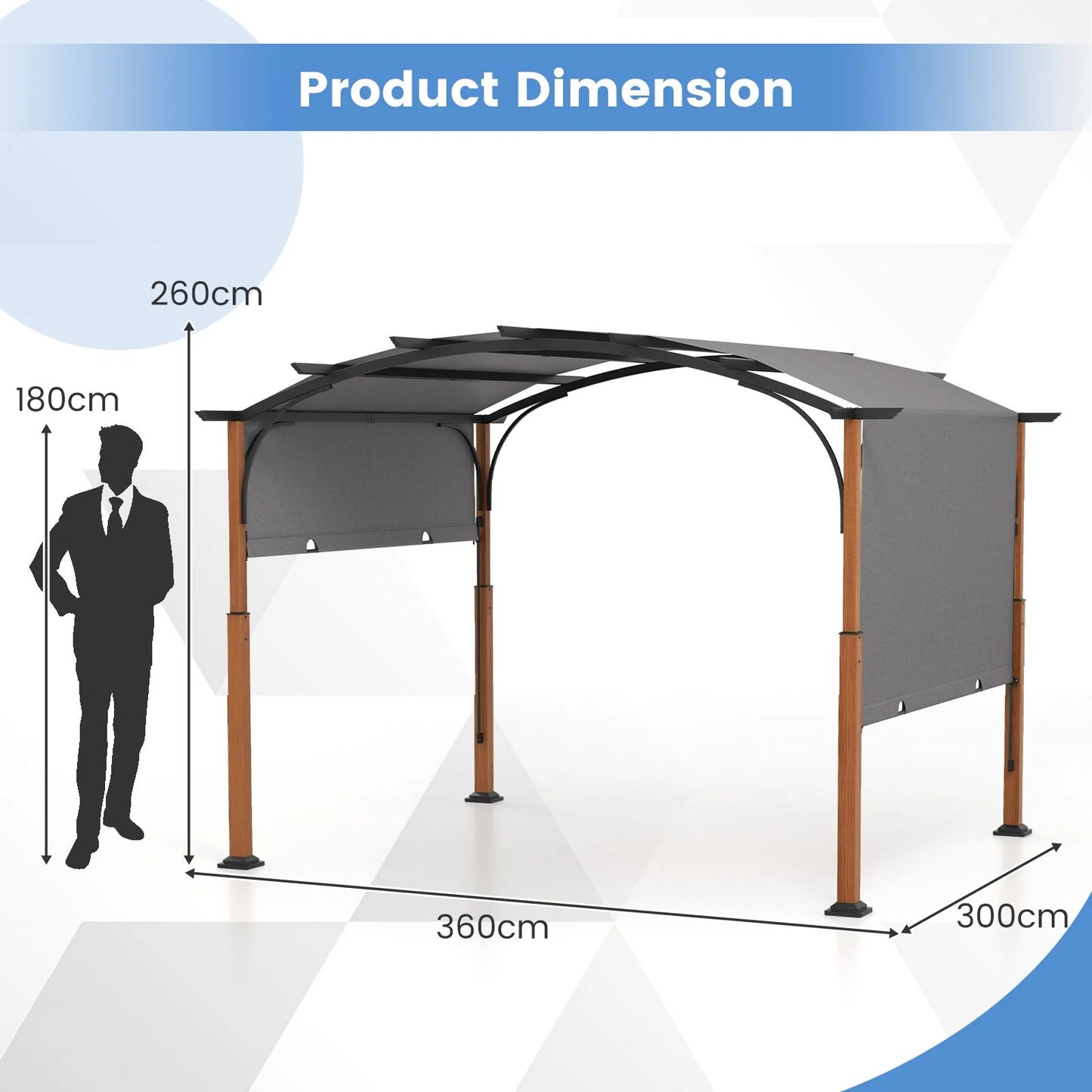 300 X 360 Cm Retractable Pergola Arched Patio Pergola with Sun Shade Canopy