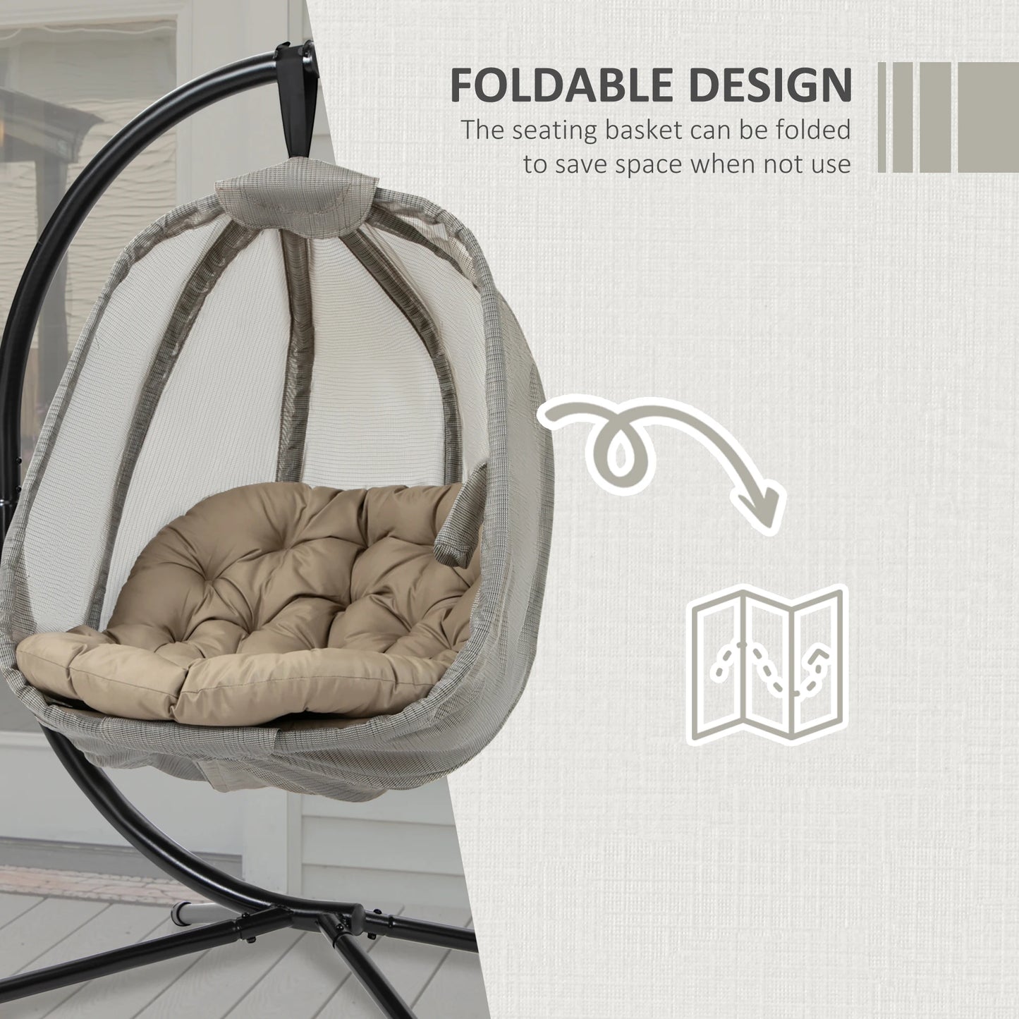 Folding Hanging Egg Chair W/ Cushion and Stand for Indoor Outdoor Khaki