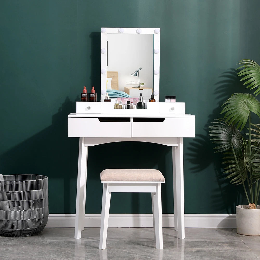 Modern Vanity Makeup Table and Cushioned Stool Set with 4 Drawers, White