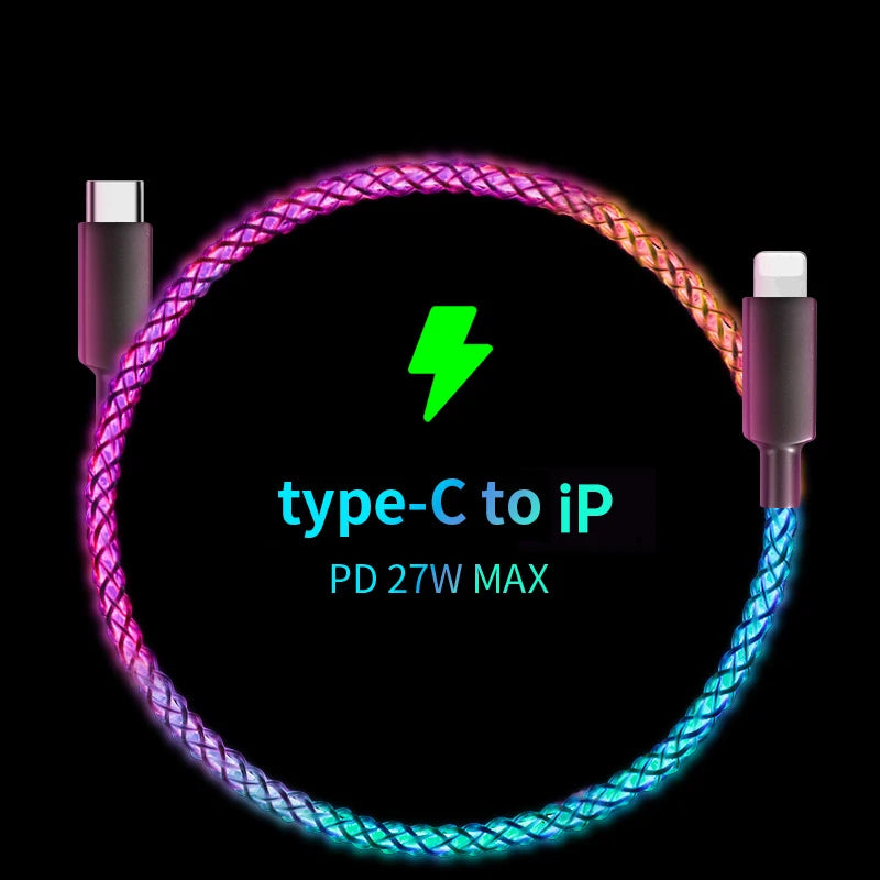 Fast Charging RGB Cable 100W Breathing Light 66W Type C USB C Data Cable f