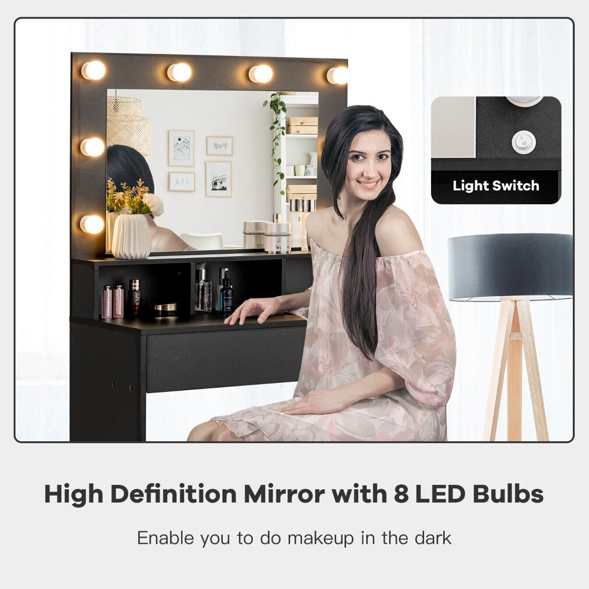 Illuminate Your Beauty: Modern LED Lighted Vanity Set with Spacious Drawer for Effortless Makeup Application