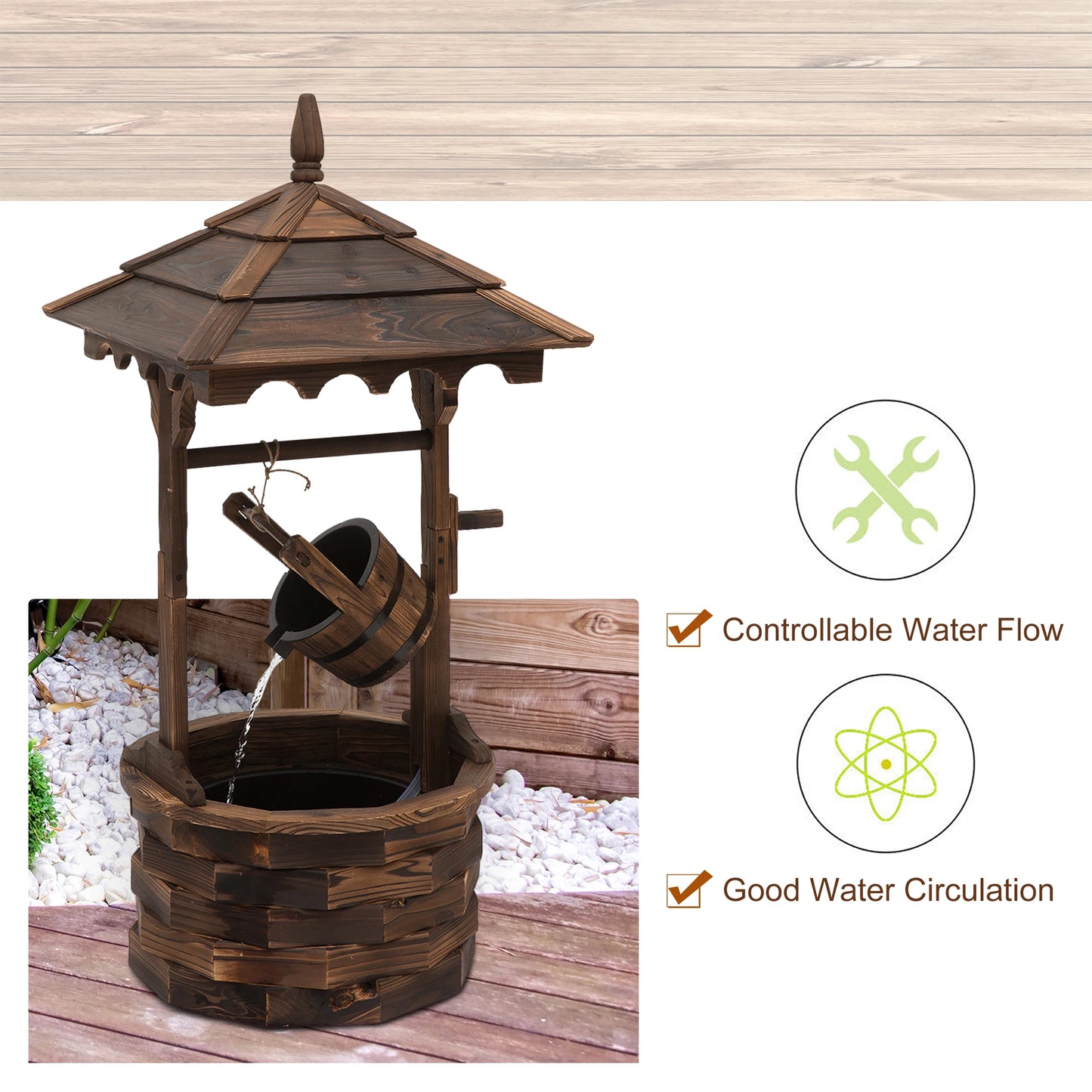 Wooden Garden Wishing Well Fountain with Pump and Barrel Waterfall
