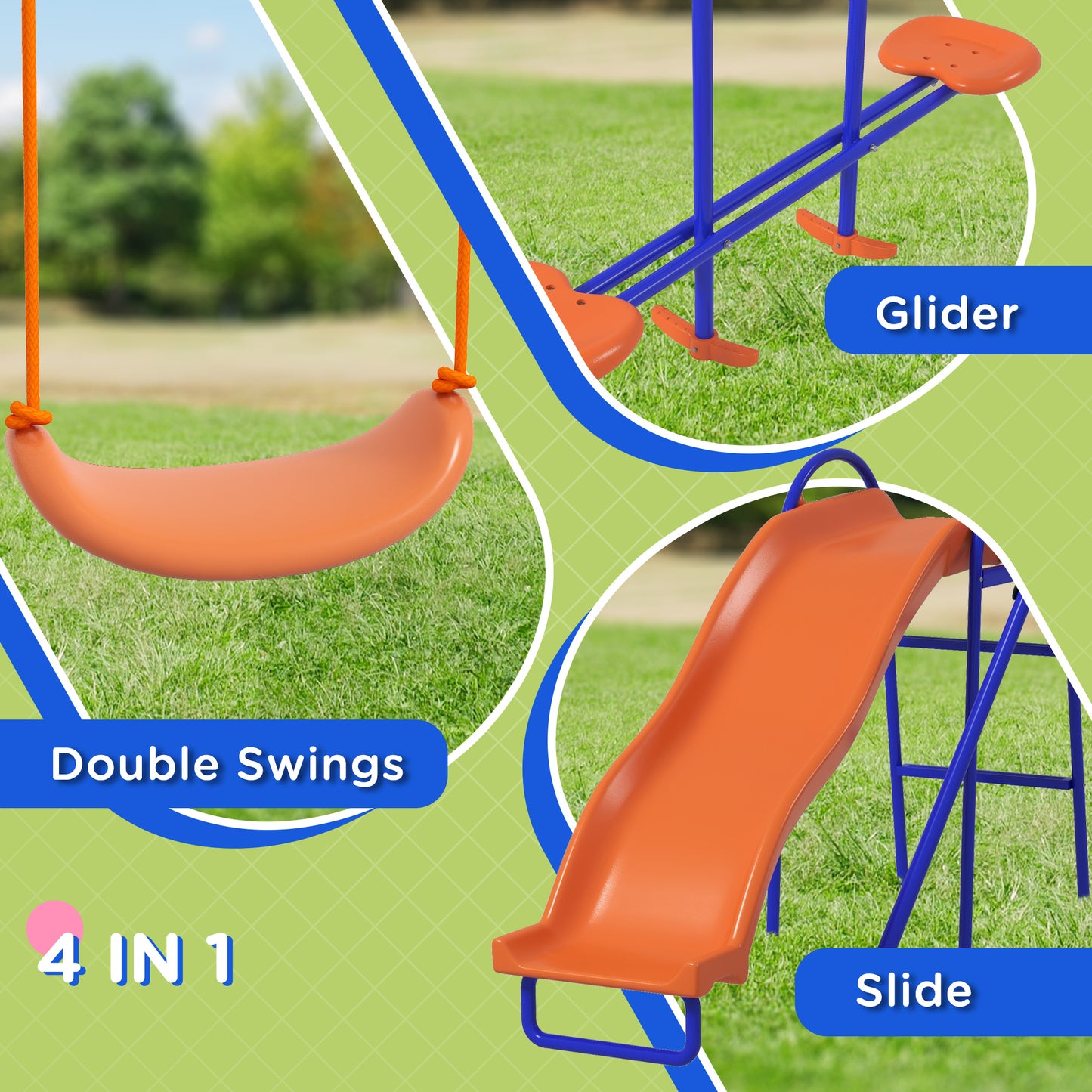 4 in 1 Garden Swing Set, Metal Kids Swing Set w/ Double Swings, Glider, Slide, Ladder
