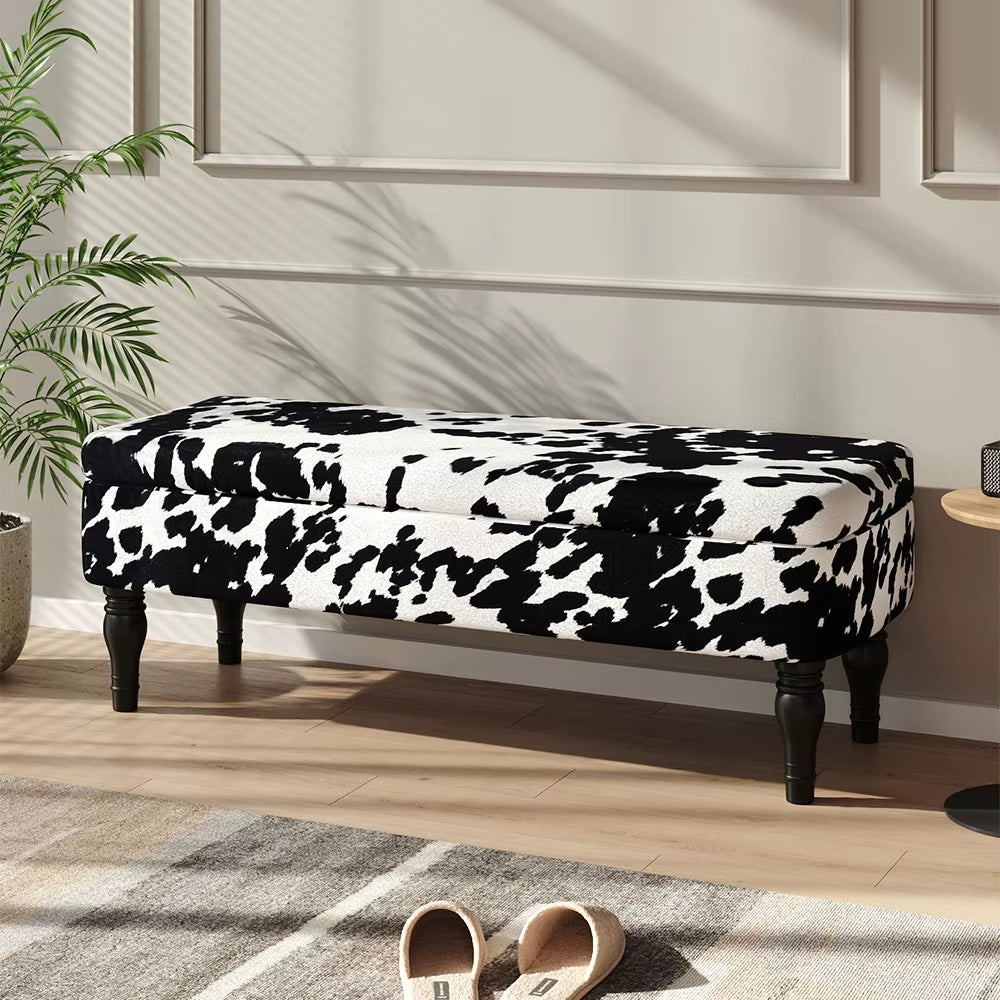 Cow Print Velvet Upholstered Storage Bench Living Room Shoe Changing Stool Leisure Stool Furniture