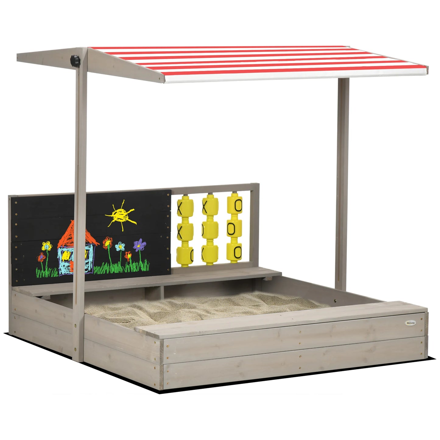 Outsunny Grey Wooden Sandbox for Kids with Canopy and Seating - Perfect for Garden Fun!