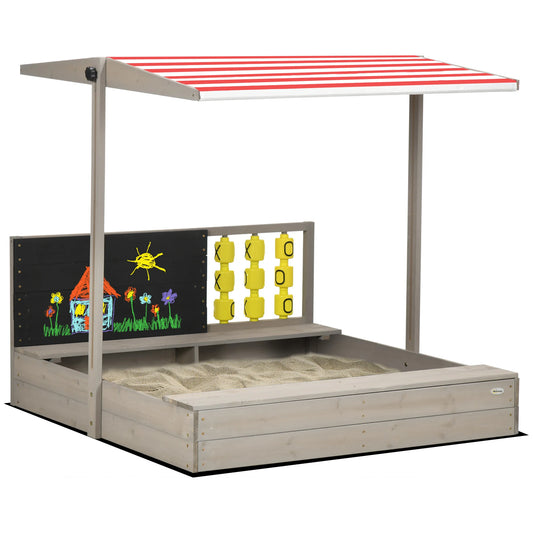 Outsunny Grey Wooden Sandbox for Kids with Canopy and Seating - Perfect for Garden Fun!