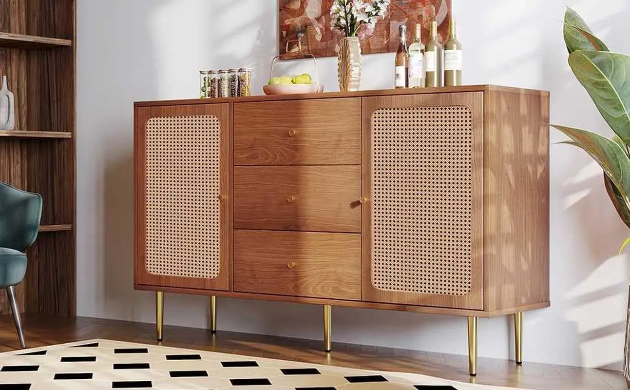 Stylish Walnut Rattan Sideboard Cabinet with 2 Doors, 3 Drawers, and Adjustable Shelf - Perfect for Your Living Room!