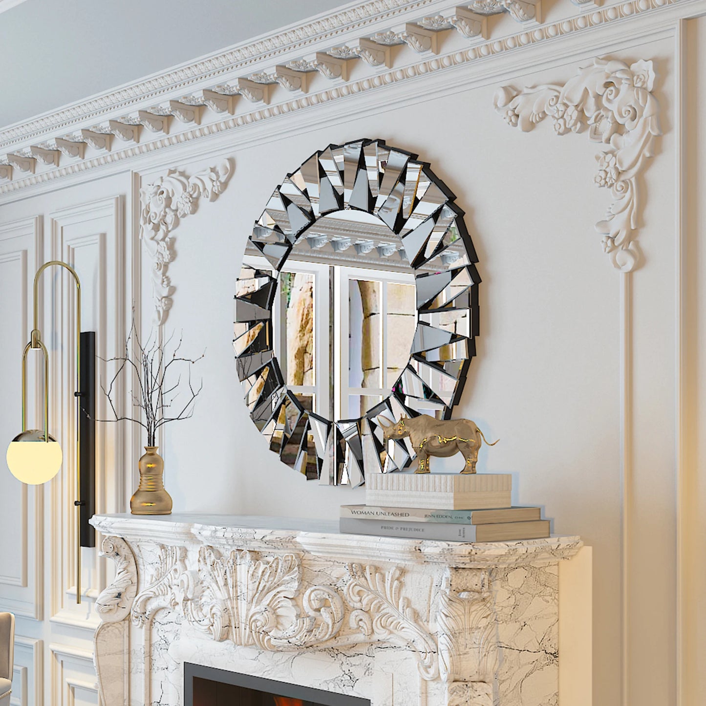 32" Wall Mirrors Decorative round Sunburst Mirror for Wall Decor Modern Silver Glass Wall-Mounted Beveled Hanging Circle Accents