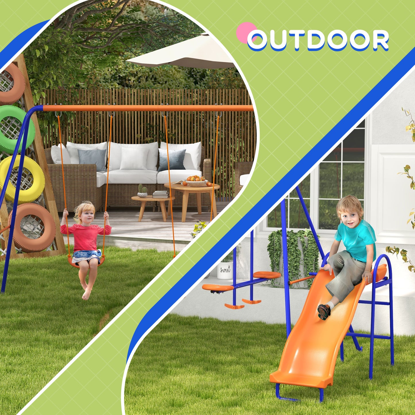 4 in 1 Garden Swing Set, Metal Kids Swing Set w/ Double Swings, Glider, Slide, Ladder
