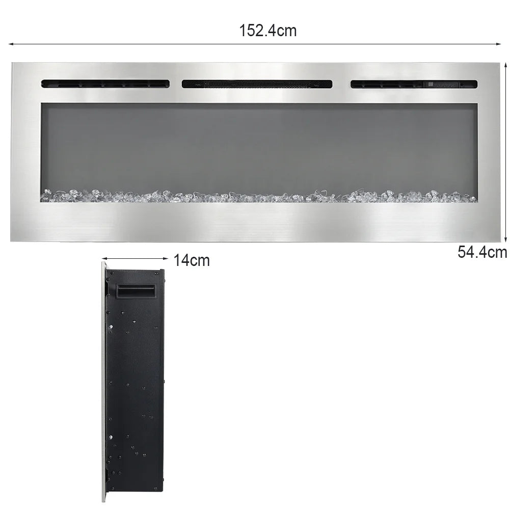 LED Electric Wall Mounted Fireplace Recessed Fire Heater 12 Flames with Remote, Silver 60Inch