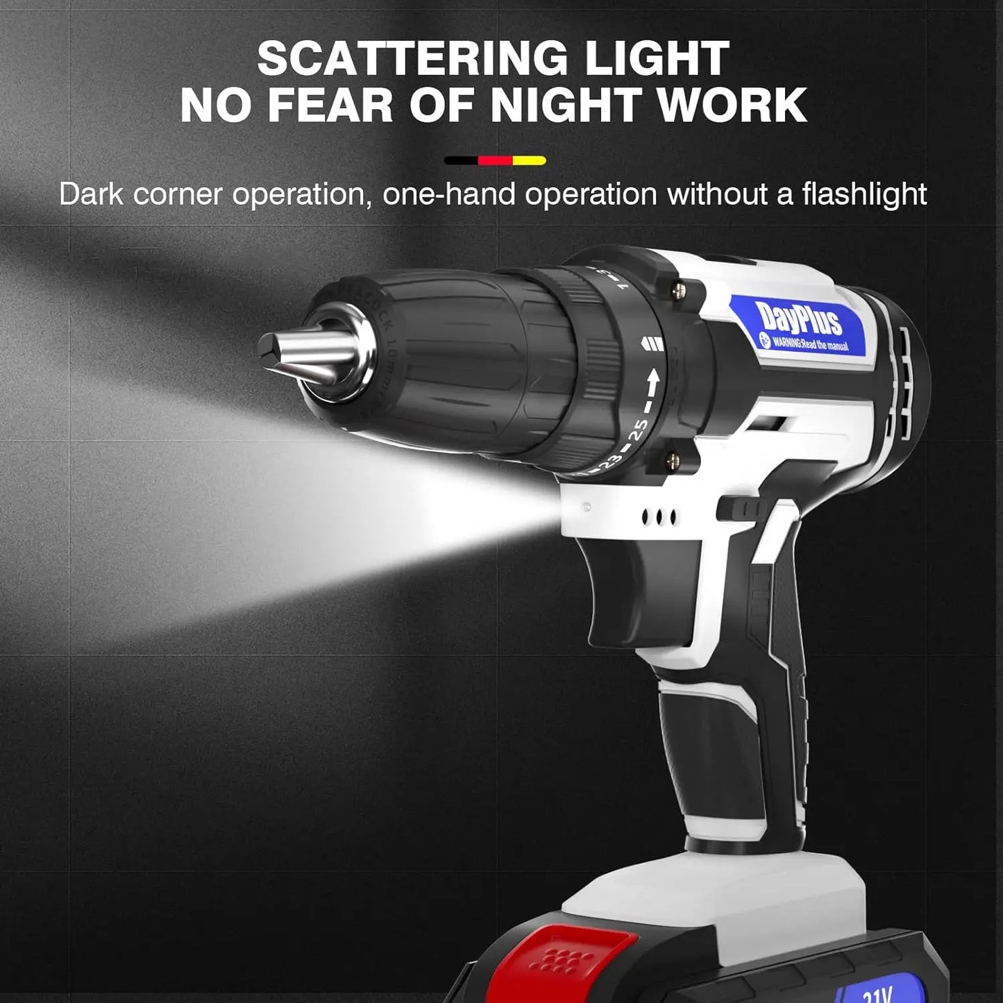 Cordless Drill Driver 21V, Power Tool Electric Screwdriver, 25+1 Torque, 2 Speed, LED Light, Combi Drill Kit for Home and Garden