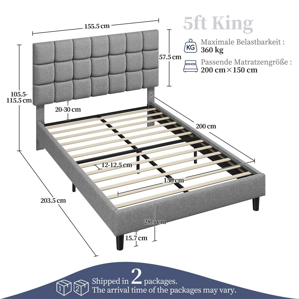 Upholstered Bed Frame, Modern Platform Bed Frame with Strong Wooden Slats Support and Square Tufted Headboard Height Adjustable