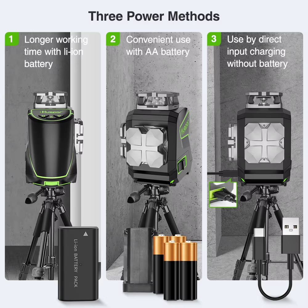 8 Lines Cross Laser Level Green Beam Self-Leveling Manual Level Tools with Metal Cover & USB Charger / Dry Li-Ion Battery