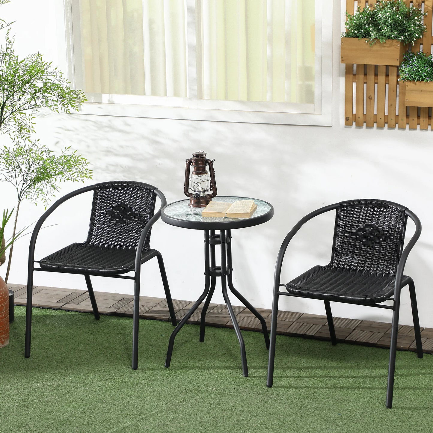 3-Piece Black Garden Furniture Set with 2 Stackable Chairs