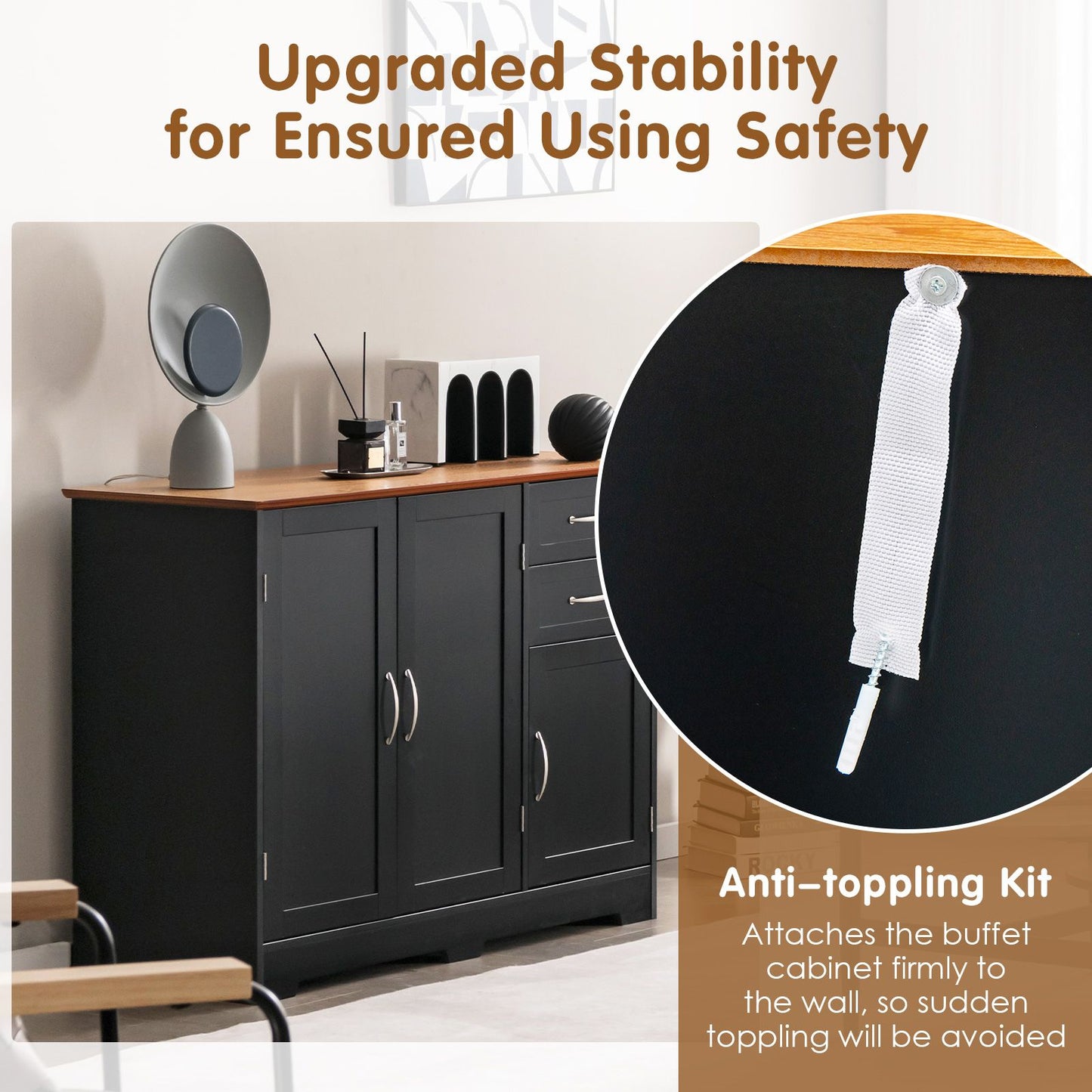 Modern Kitchen Storage Sideboard Cabinet with Adjustable Shelf and Drawers