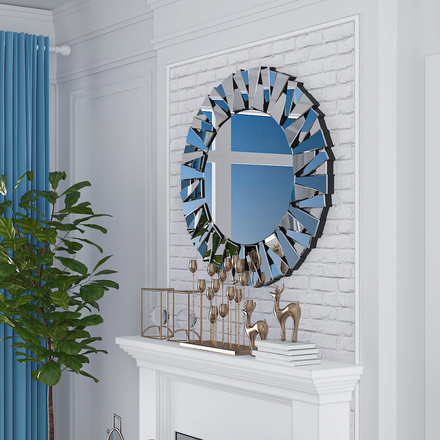 32" Wall Mirrors Decorative round Sunburst Mirror for Wall Decor Modern Silver Glass Wall-Mounted Beveled Hanging Circle Accents