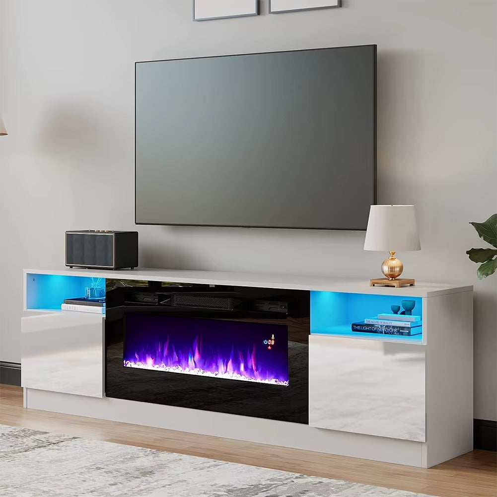 Recessed Electric Fireplace TV Stand with Closed Storage, Overheating Protection, 12 Colors, 1-8H Timer, Black&White