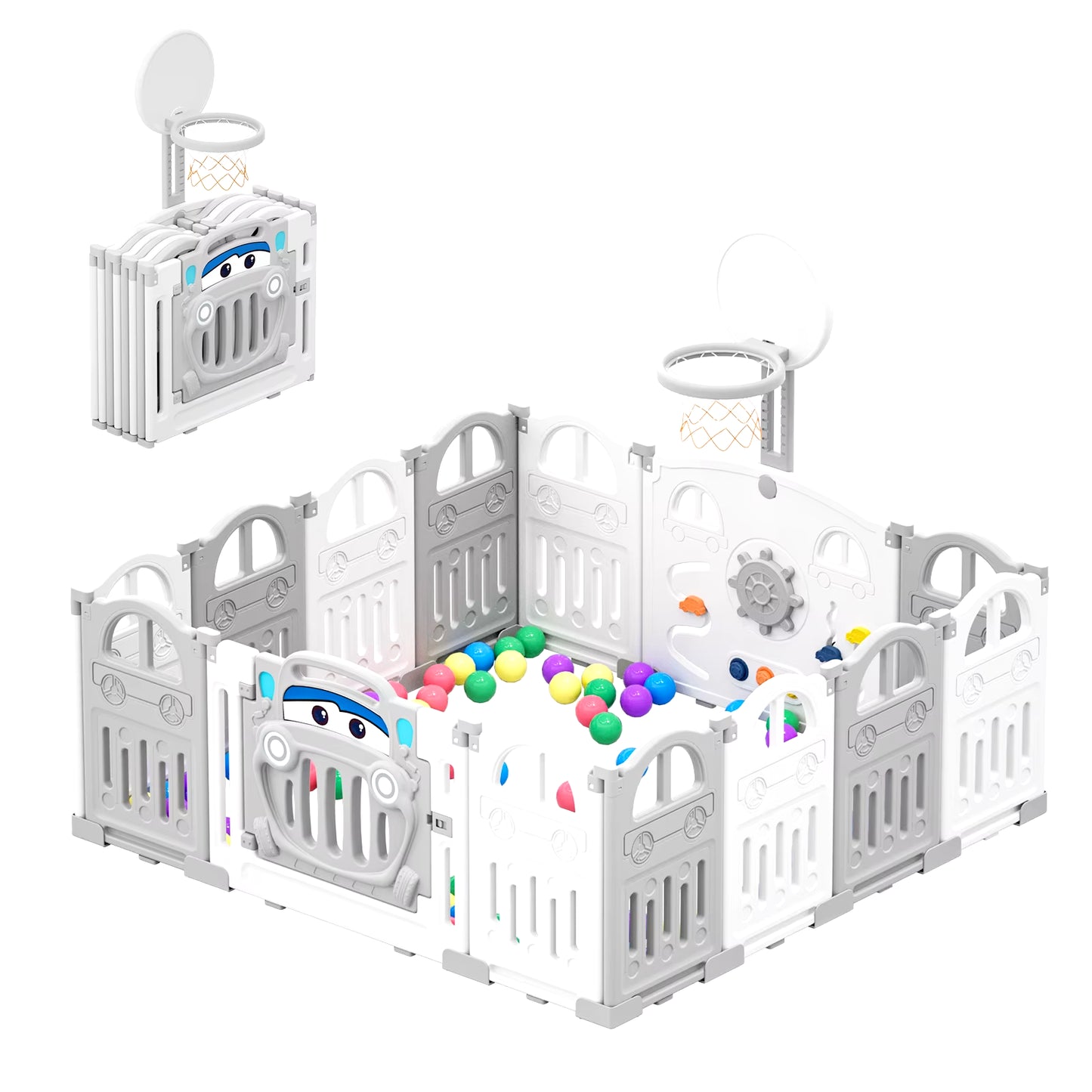 Ultimate Foldable Baby Playpen with Basketball Hoop & 50 Colorful Pit Balls - 14-Panel Toddler Play Fence