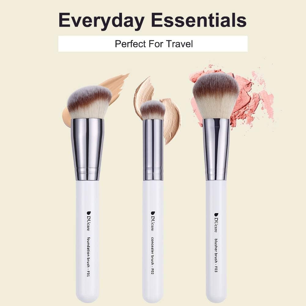 Essential Travel Makeup Brush Set - 3 Pcs Kabuki, Powder, and Concealer Brushes for Flawless Application - White