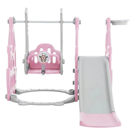 3-in-1 Children's Playground Set with Garden Climber, Slide, Swing, and Basketball Hoop in Pink