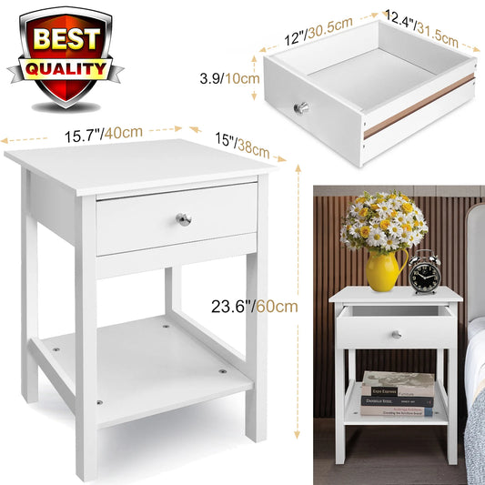 White Bedroom Bedside Cabinet with 1 Drawer and Open Shelf, Wooden Storage Unit Nightstand Table for Living Room Bathroom