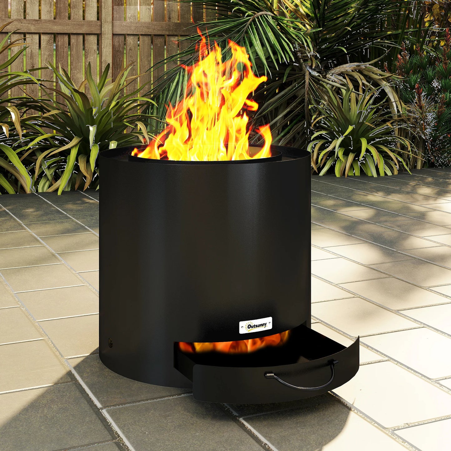 Outdoor round Fire Pit with Ash Tray, Wood Burning Firepit with Fire Poker for Patio Bonfire BBQ Camping, Black
