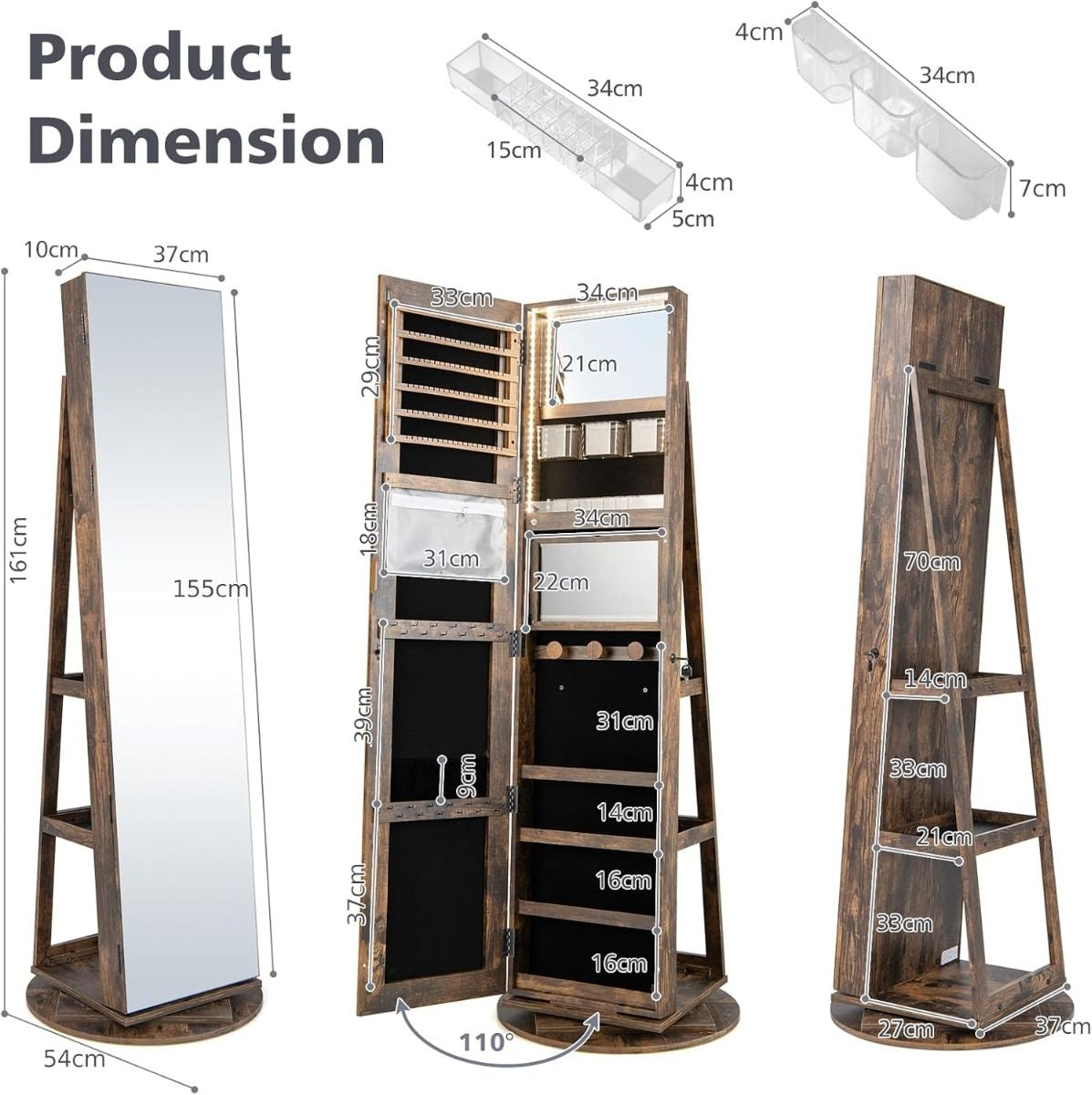 360-Degree Mirrored Jewelry Armoire with 3-Color Auto-On LED Lights