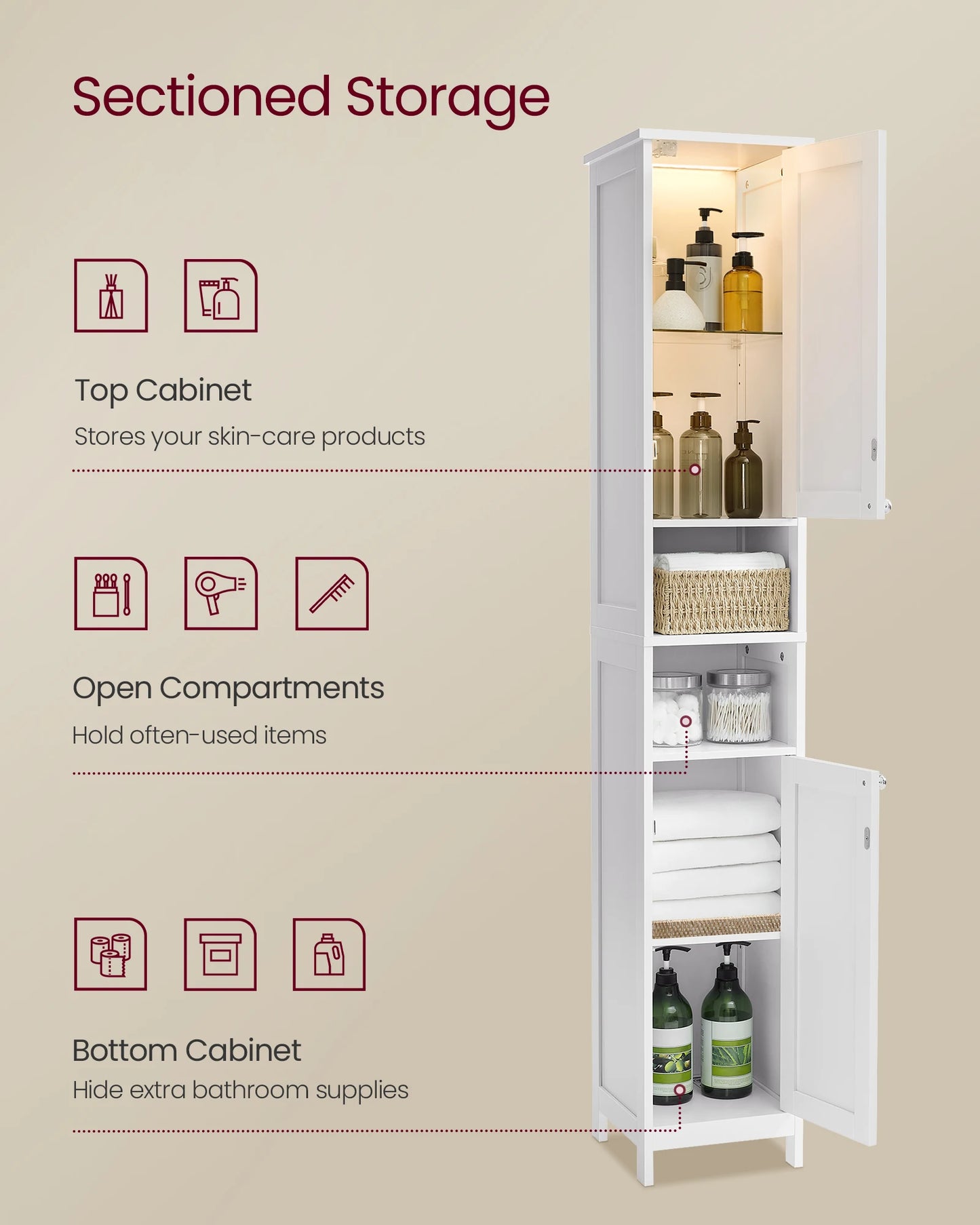 Tall Bathroom Cabinet with Lights, Freestanding Narrow Storage Unit with Adjustable Shelves, Open Compartments