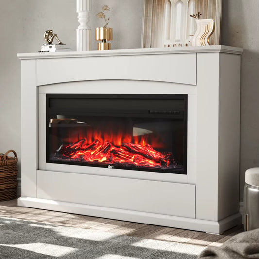Electric Inset Fireplace Heater Fire Place White Wooden Mantel, 34Inch