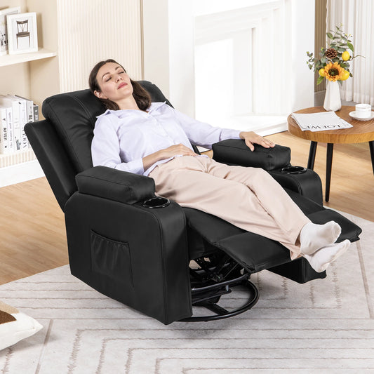 Recliner Armchair Rocker Reclining Chair with Massage & Heat Padded Seat Extended Footrest Oversized Swivel Lounge Sofa