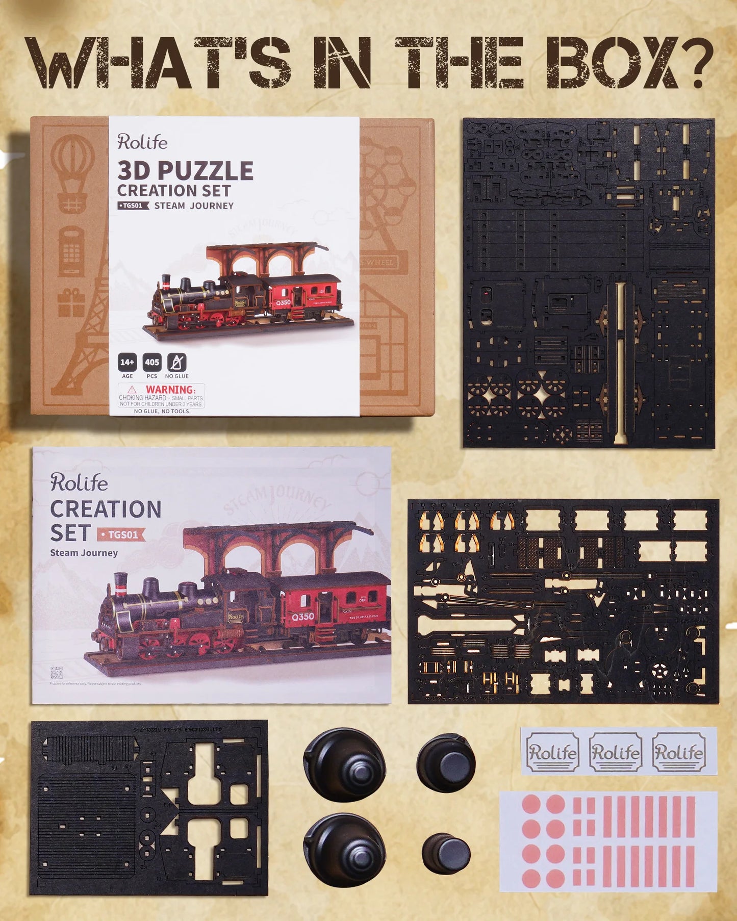 Rolife Steam Journey 3D Wooden Puzzle - Easy Assemble Traditional Train Model with Pre-Colored Design - Perfect Gift for All Ages!