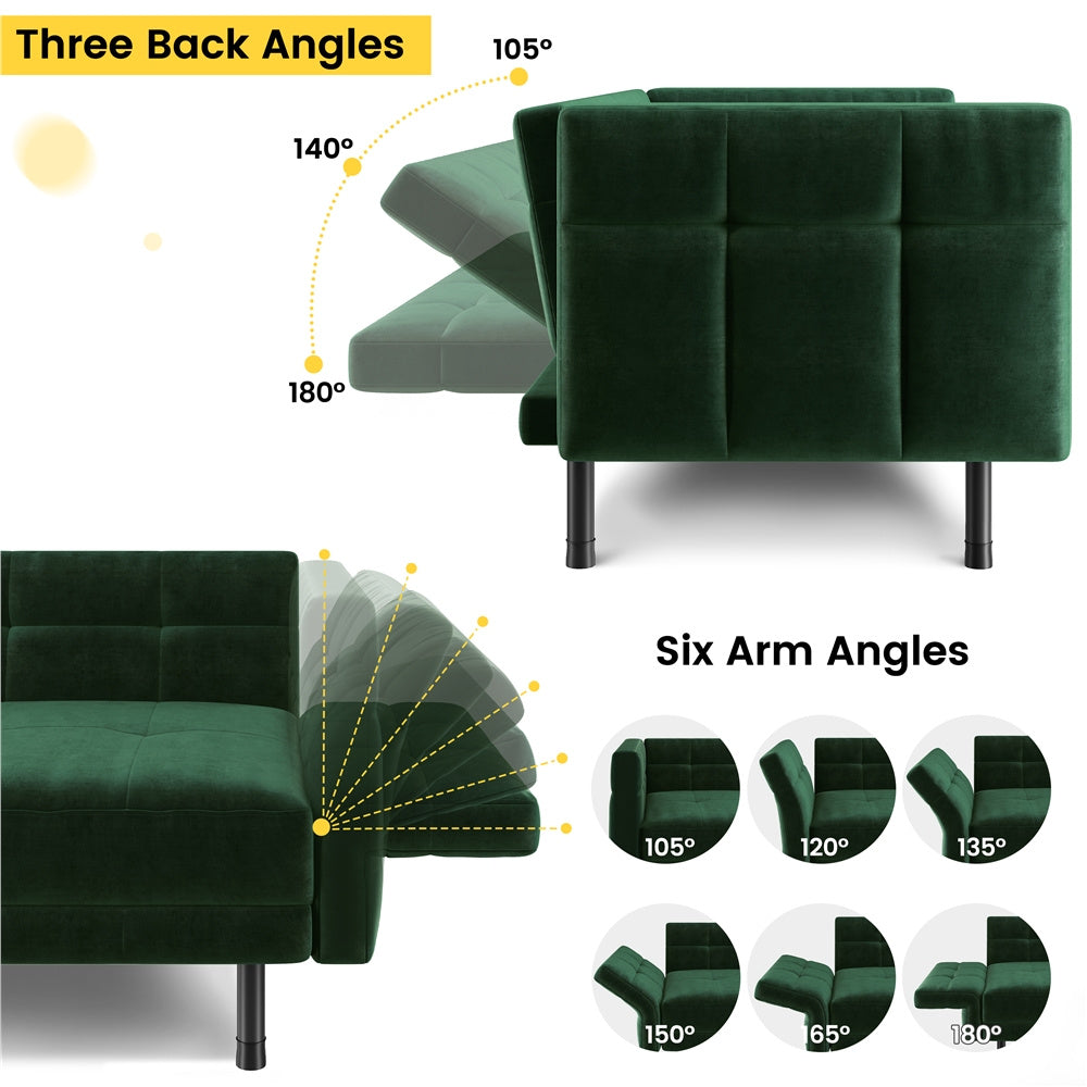 Velvet Sofa 2-Seater Convertible Sofa Bed, Fabric Upholstered Futon Couch Sleeper with 4 Pillows, Angle-Adjustable Armrests & Backrest