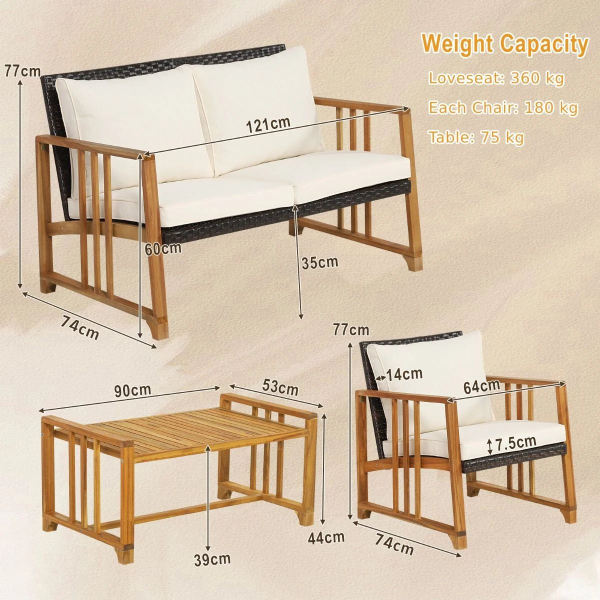 Outdoor Mix Brown Rattan Set with Acacia Wood Frame and Back Cushions