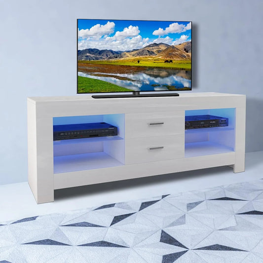 LED TV Stand Cabinet with Drawer and Shelves, 130Cm Modern TV Stand with Lights for 22"-52" Tvs for Living Room, White Cream