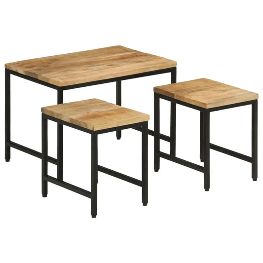 3-Piece Nesting Coffee Tables Set - Solid Rough Mango Wood & Durable Iron Frame