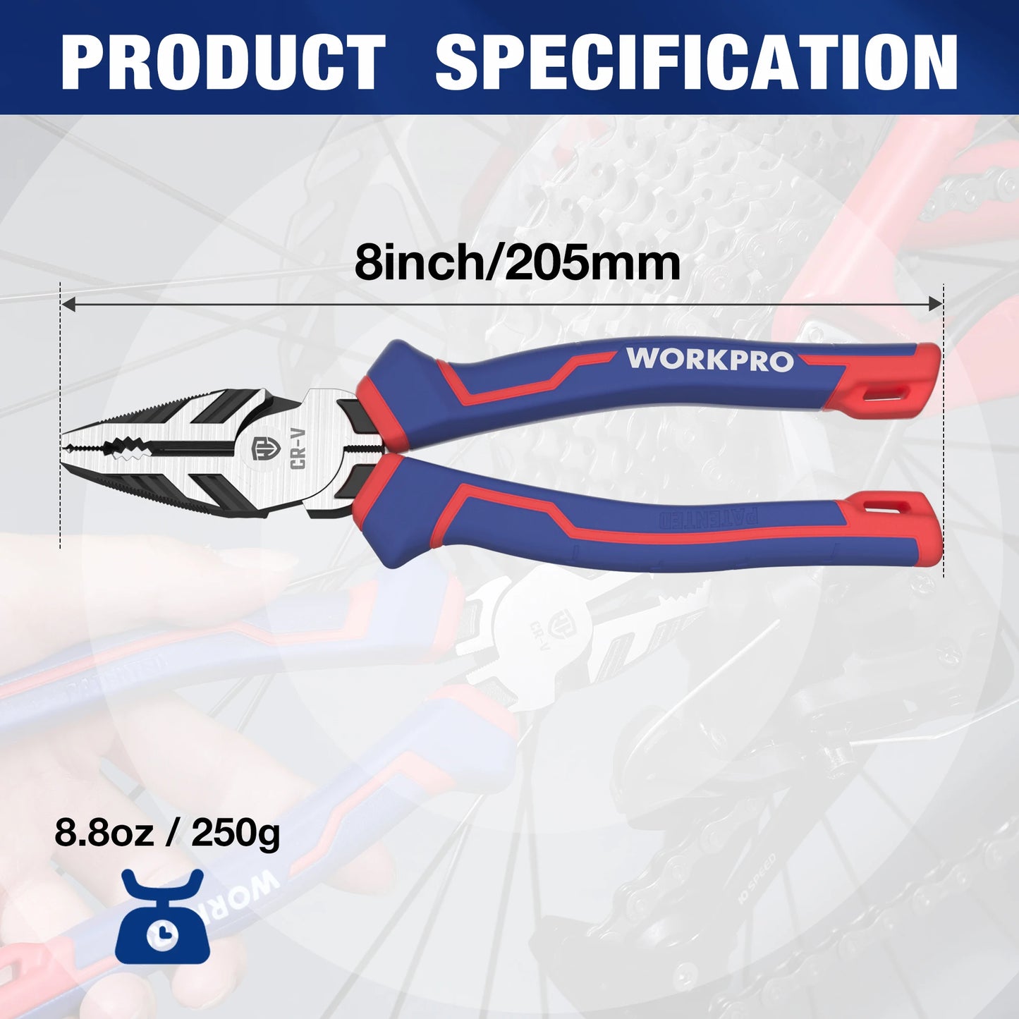 High Leverage Combination Pliers 200mm with Wire Cutting and Screw Extractor - Durable Cr-V Linesman Pliers