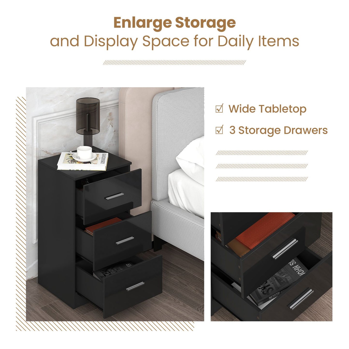 3-Drawer Wooden Dresser Cabinet with Anti-Toppling Device