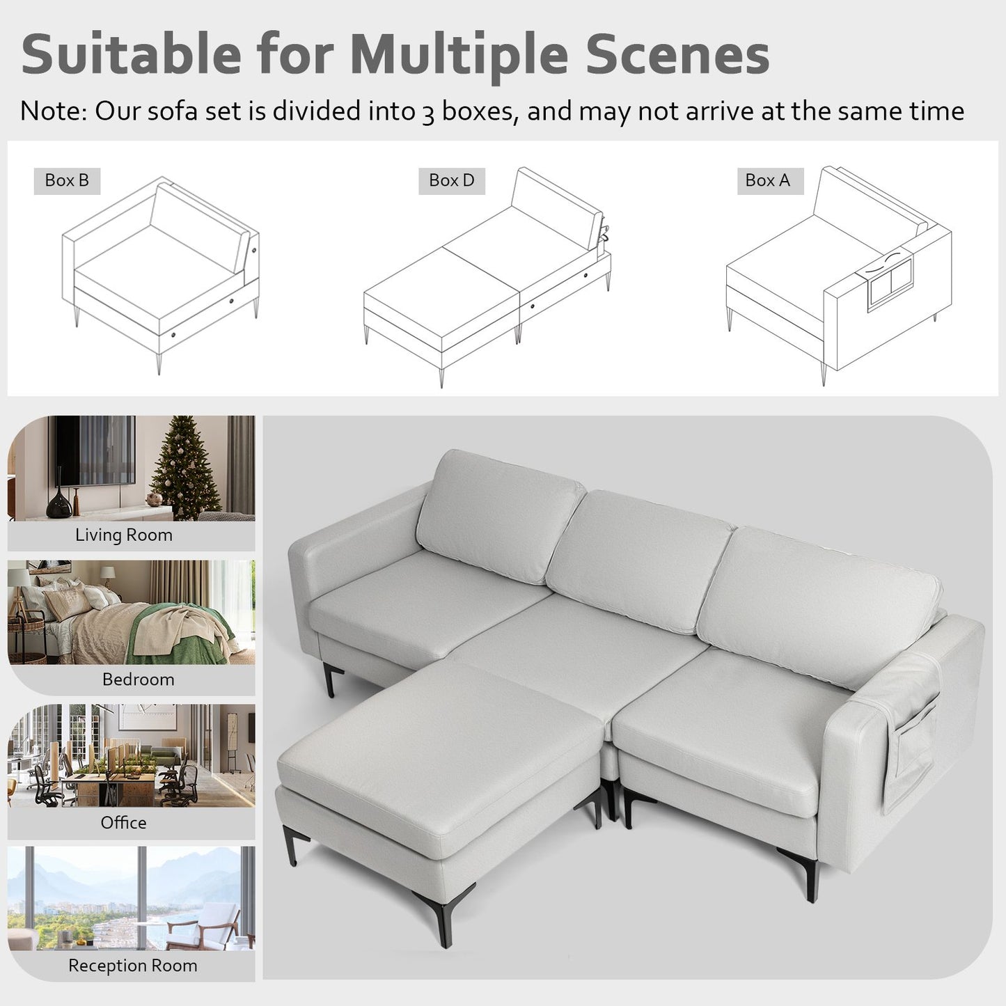 Stylish Modular L-Shaped Sofa with Reversible Ottoman & Convenient Built-In Socket