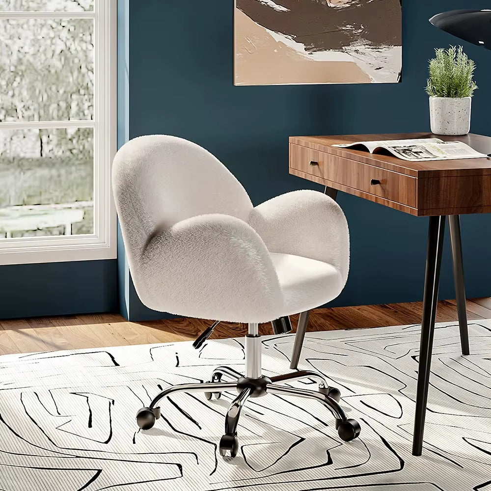 White Comfy Plush Swivel Office Chair Adjustable Height
