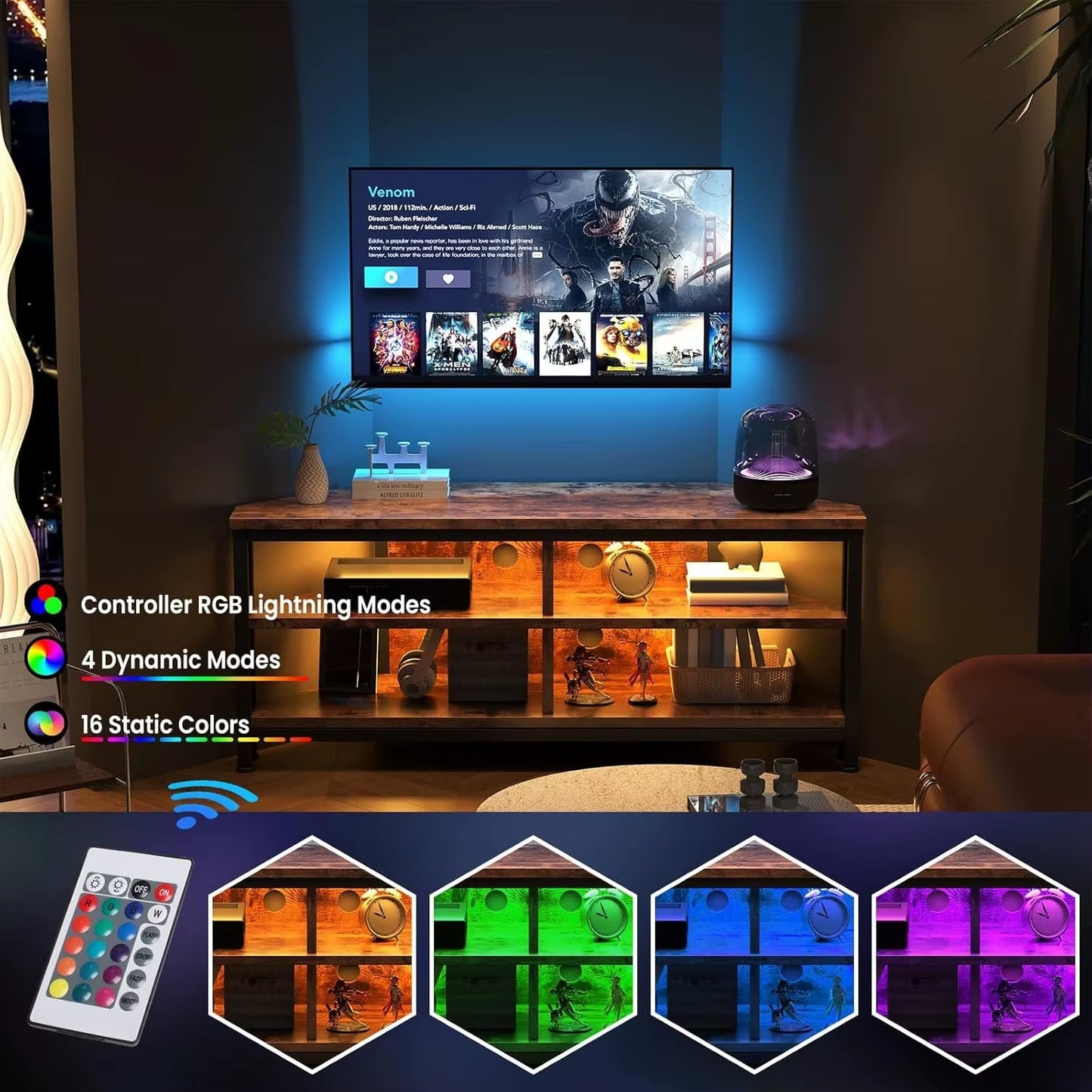 TV Stand Cabinet with LED Lighting, Corner Cabinet TV Unit for up to 50 Inch TV with Open Gaming Entertainment Center Shelves