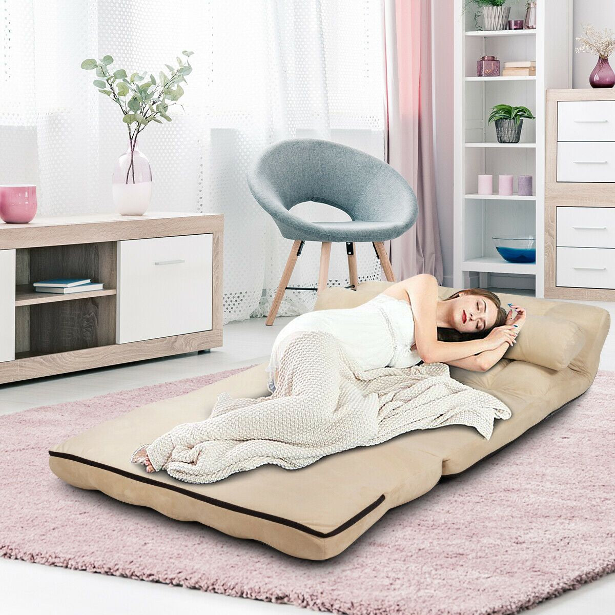 2 in 1 Folding Floor Lazy Sofa Bed with 6 Adjustable Seat Positions and 2 Pillows