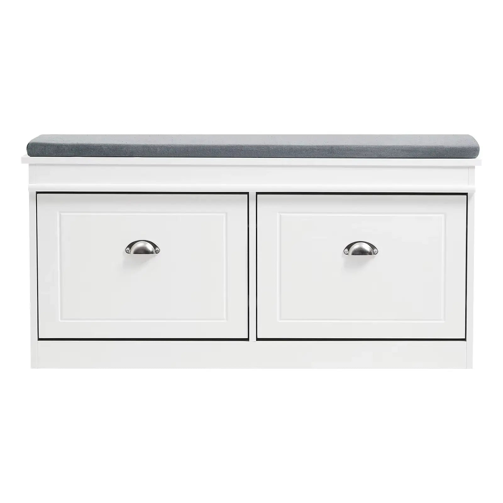 White 2 Drawer Flip down Wooden Shoe Bench Cabinet Flip down Design with Soft Cushions