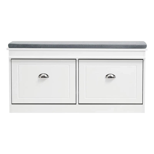 White 2 Drawer Flip down Wooden Shoe Bench Cabinet Flip down Design with Soft Cushions