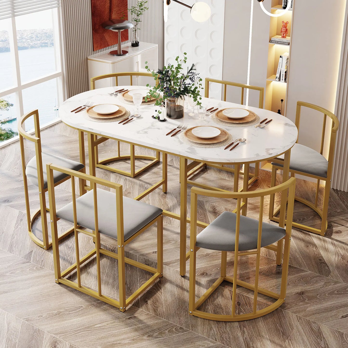Stylish Six Chair Dining Table Set – Modern White with Upholstered Chairs and Iron Frame