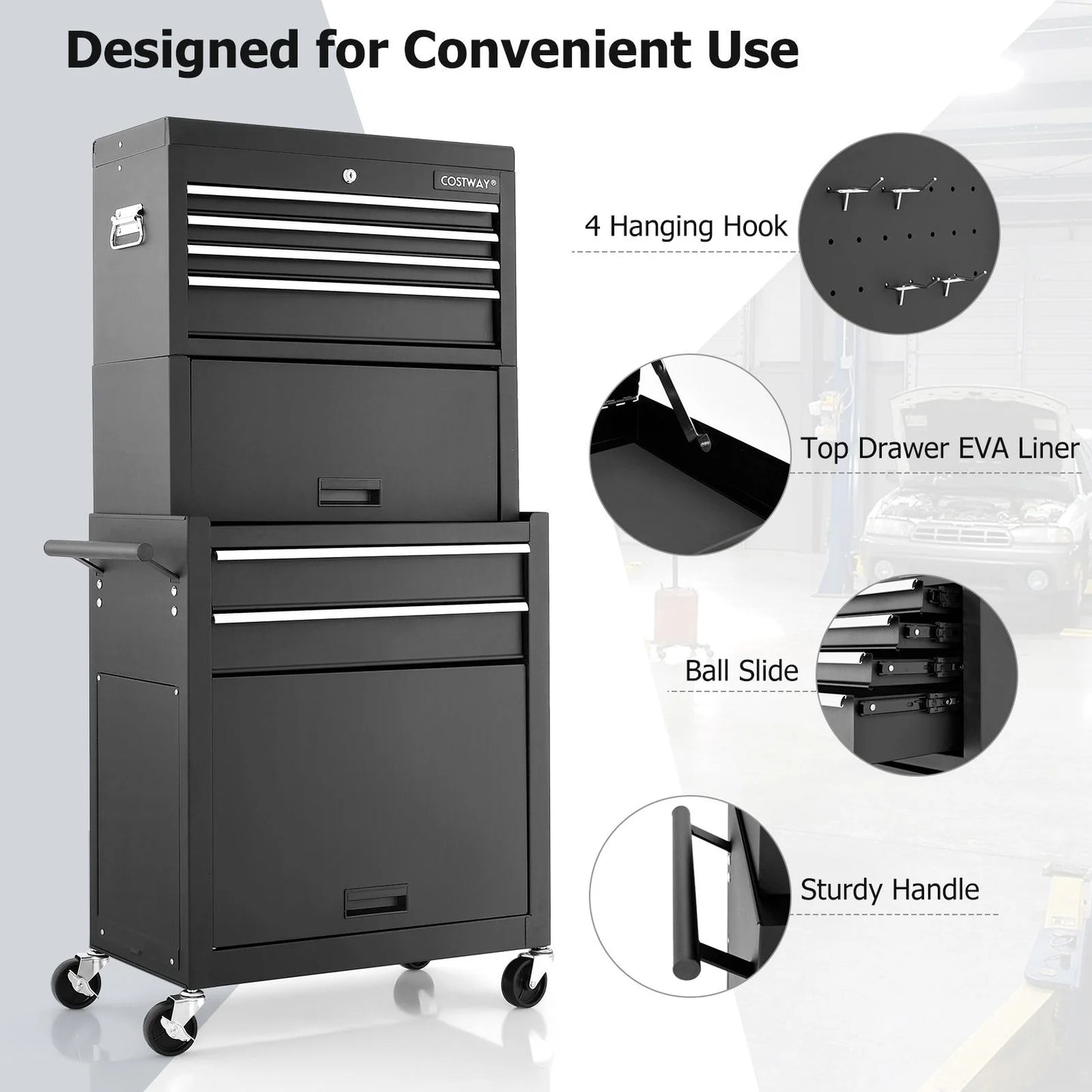 Lockable Tool Storage Cabinet with Handle, Drawers, Wheels and EVA Liner