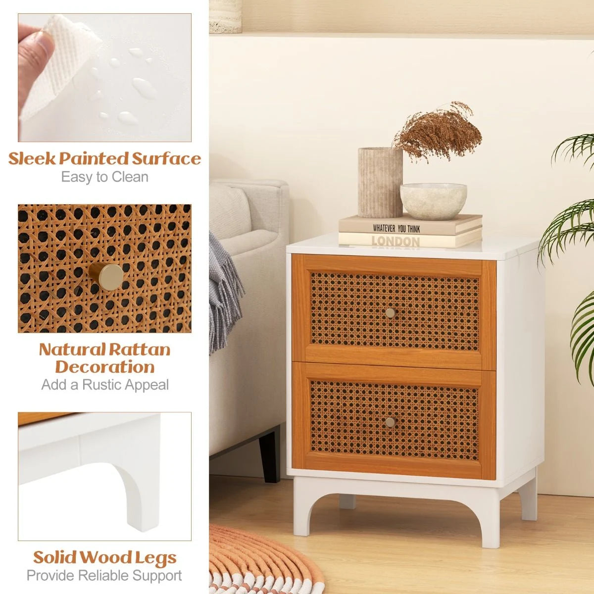 Boho Accent Table with 2 Handwoven Rattan Decorated Drawers