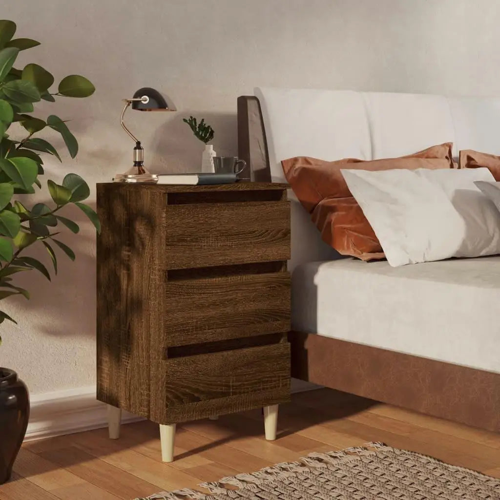 Solid Wood Legs Bed Cabinet in Brown Oak - 40X35X69 Cm Storage Solution